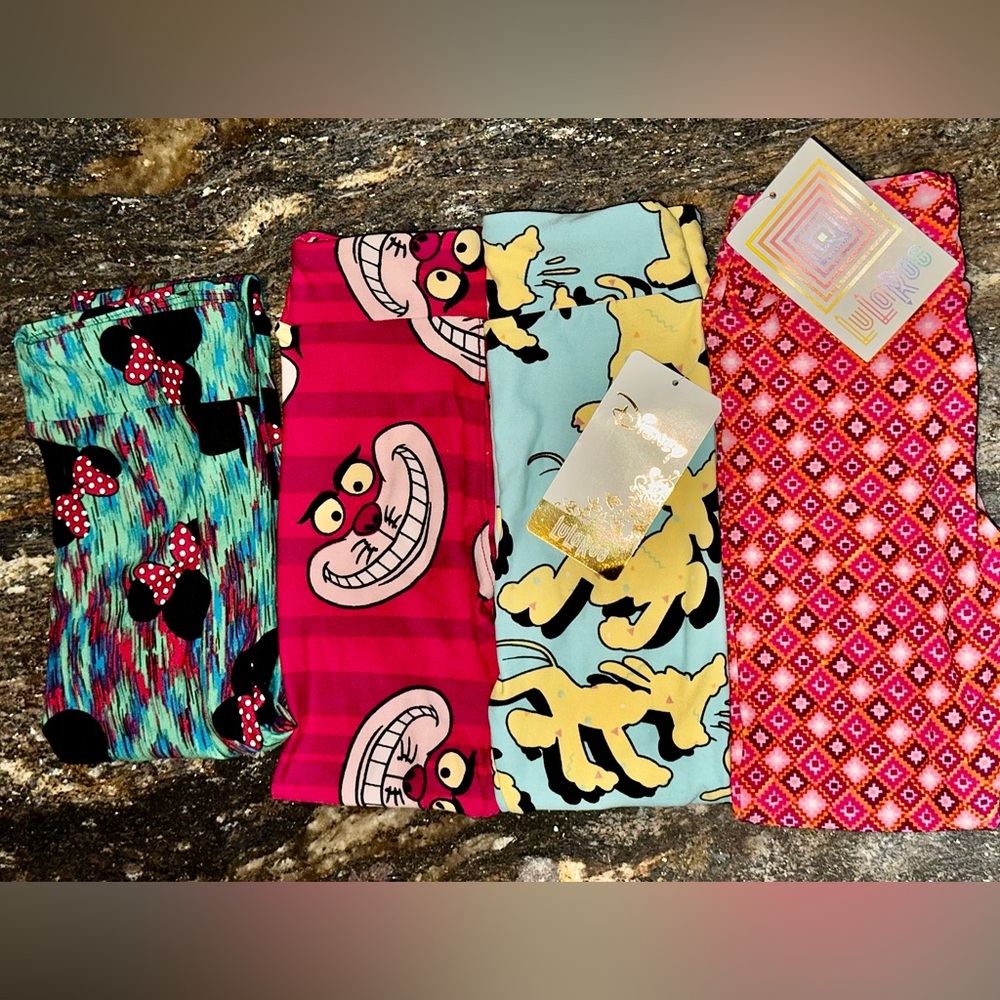 4 LuLaRoe Kids Leggings • (3) S/M & (1) L/XL New NWT Pluto Cheshire Cat Minnie